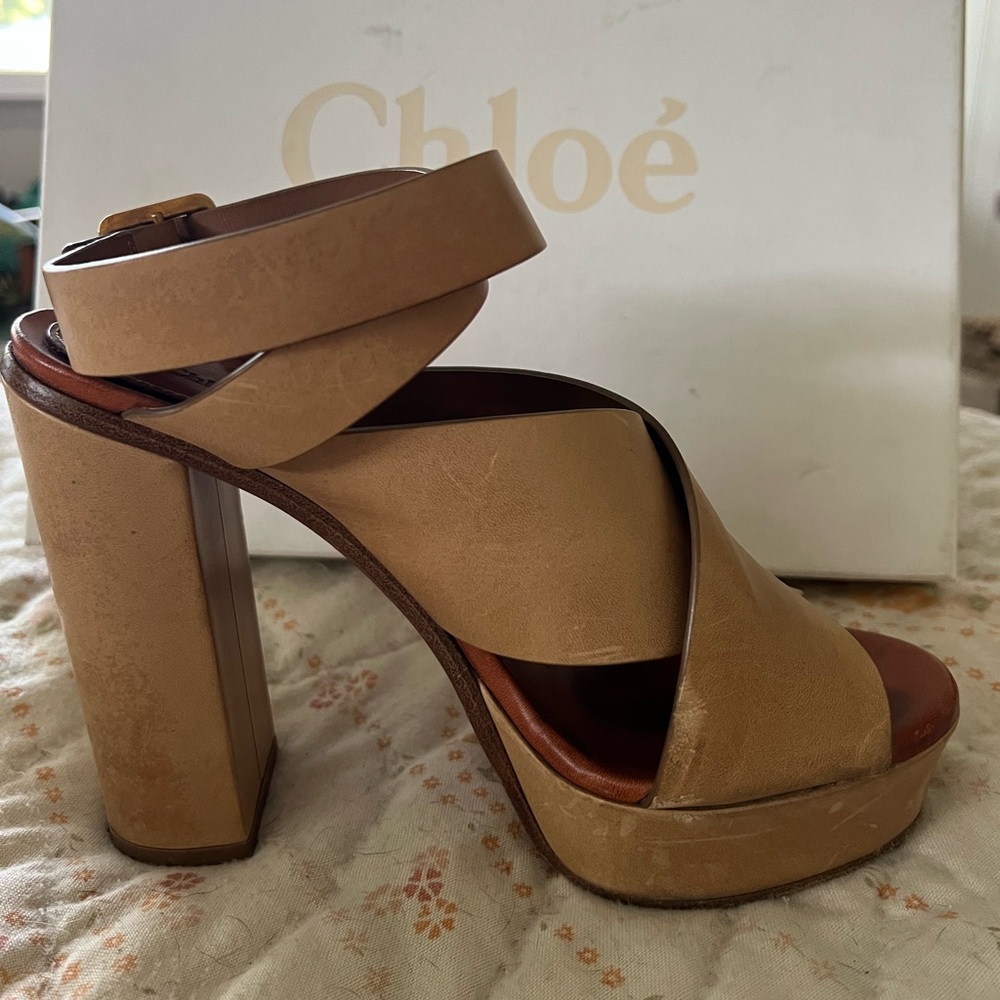 Chloe Strappy Leather Platform Sandals - Tan Size 38.5 - Picture 5 of 15